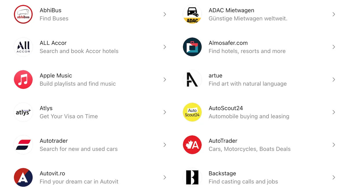 ChatGPT Appsの追加画面に並ぶ多様な外部サービス一覧