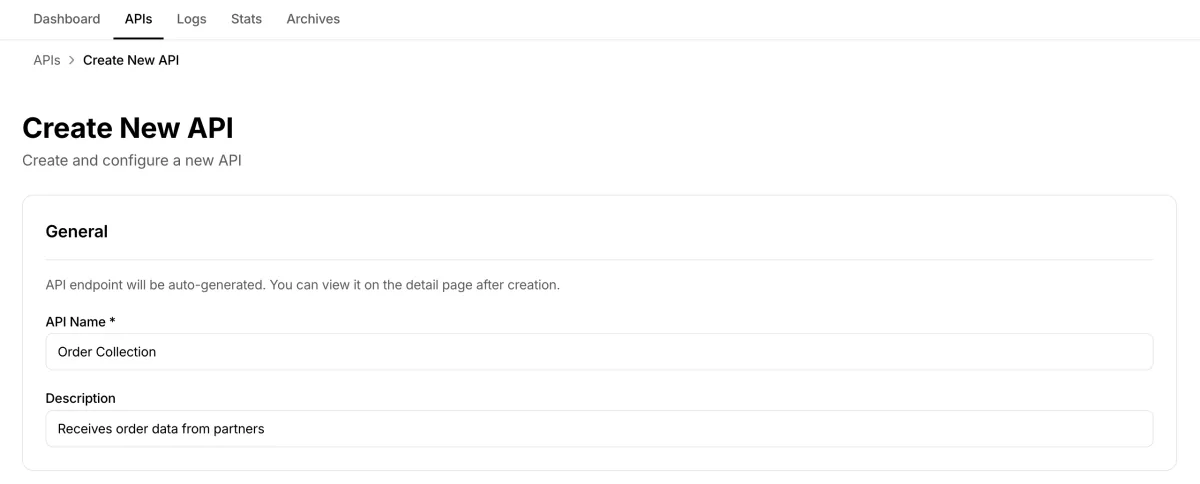Creating a new API endpoint named Order Collection in the 3Min API dashboard