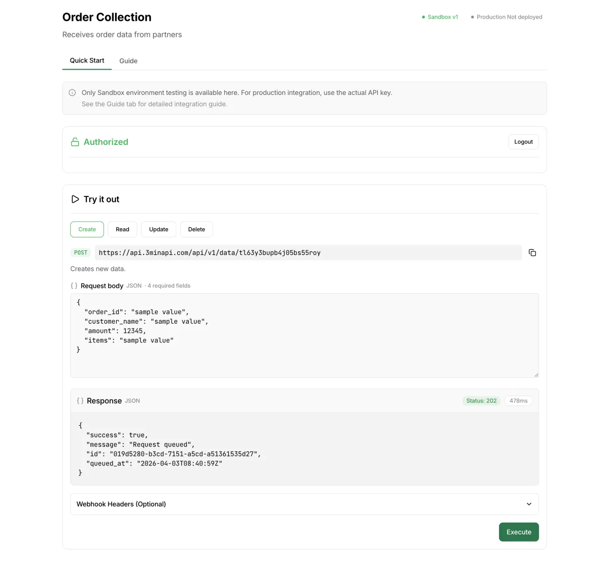 Testing the API call showing a successful 202 response with webhook delivery