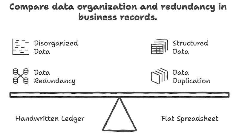 Balancín horizontal que compara dos ejemplos de cuaderno manuscrito a la izquierda con dos ejemplos de hoja de cálculo plana a la derecha