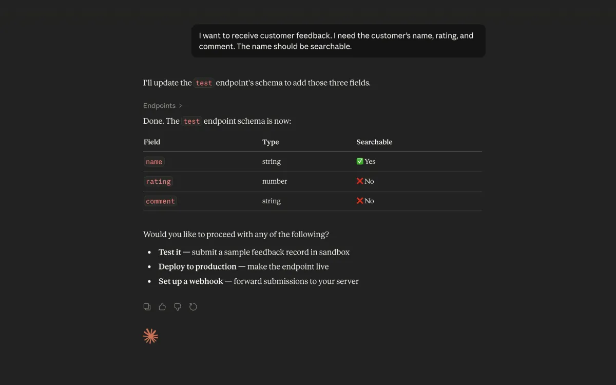 Claude creando un endpoint de feedback de clientes con campos de nombre calificación y comentario