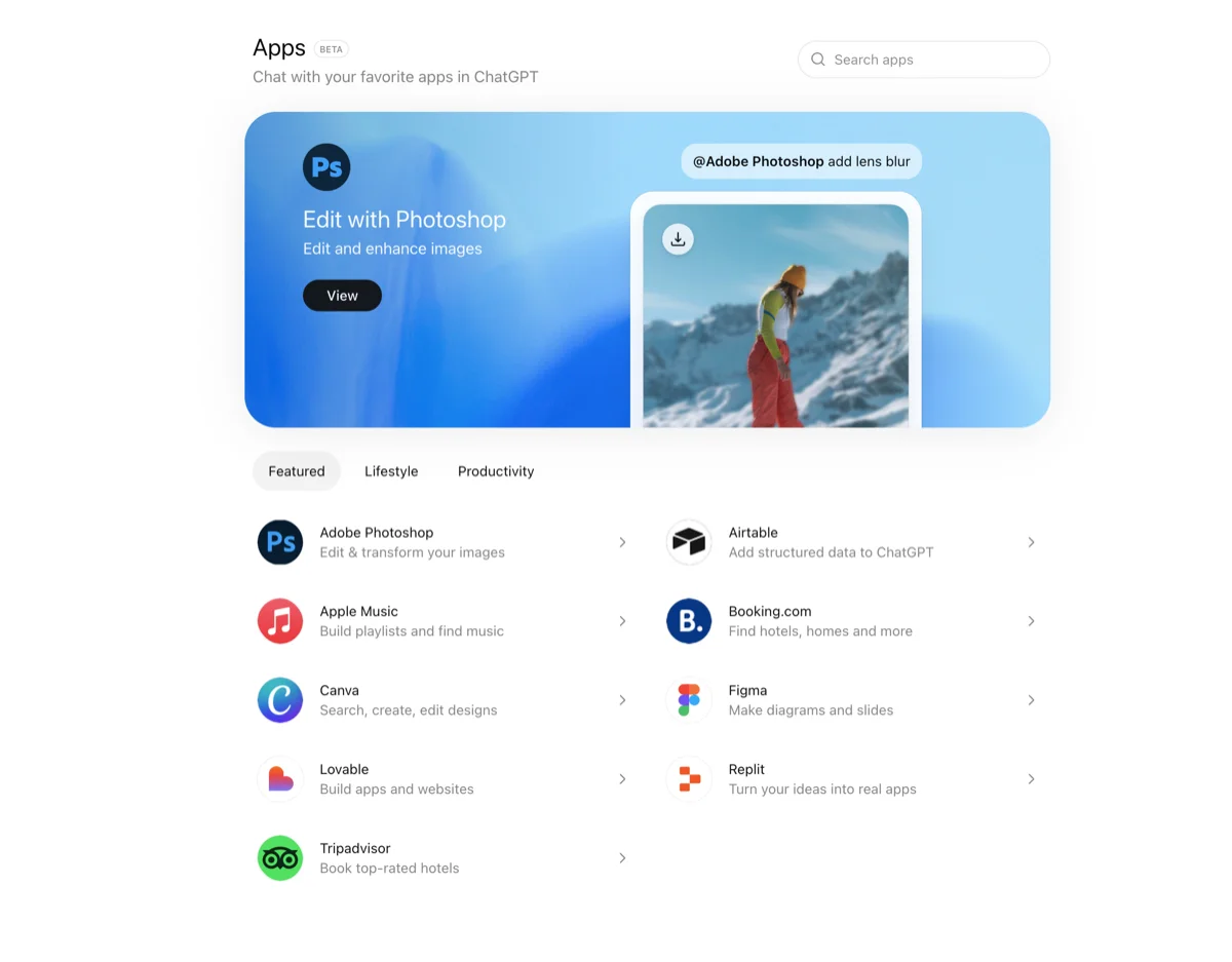 ChatGPT left sidebar showing the Apps menu
