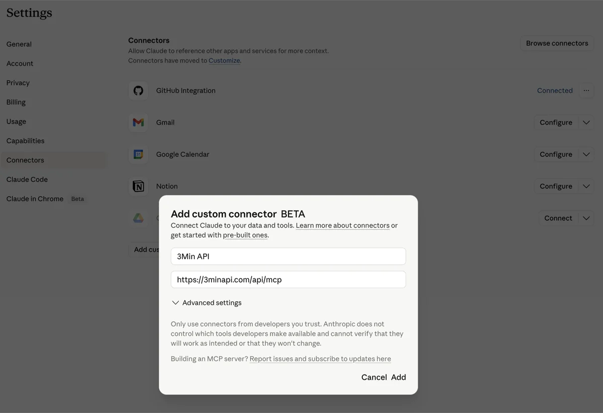 Custom connector form with name and server URL filled in