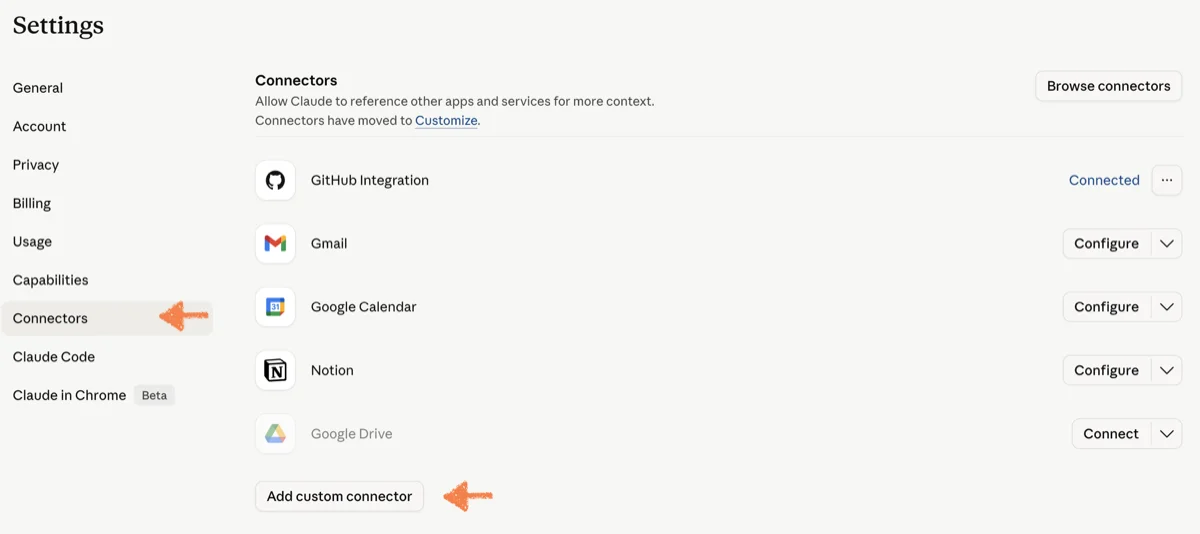 Claude settings sidebar showing the Connectors section