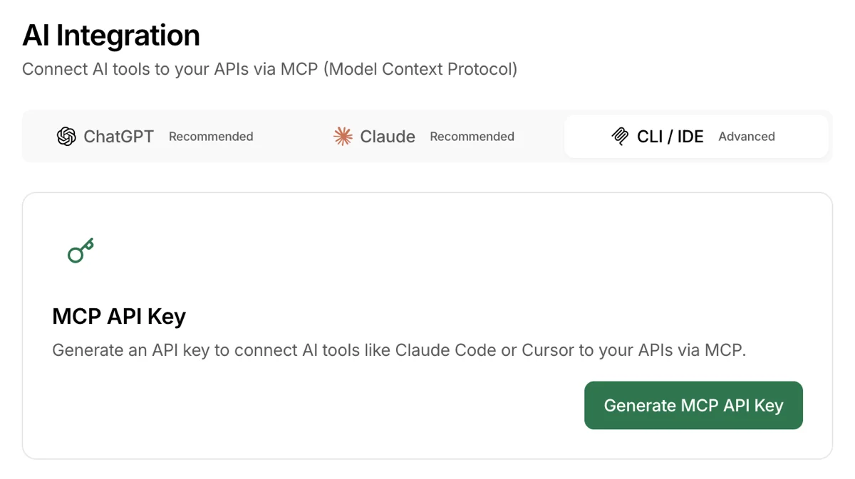 MCP API 키가 아직 없는 CLI / IDE 탭 화면