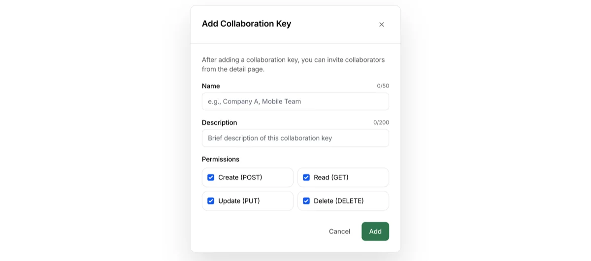 Add collaboration key dialog